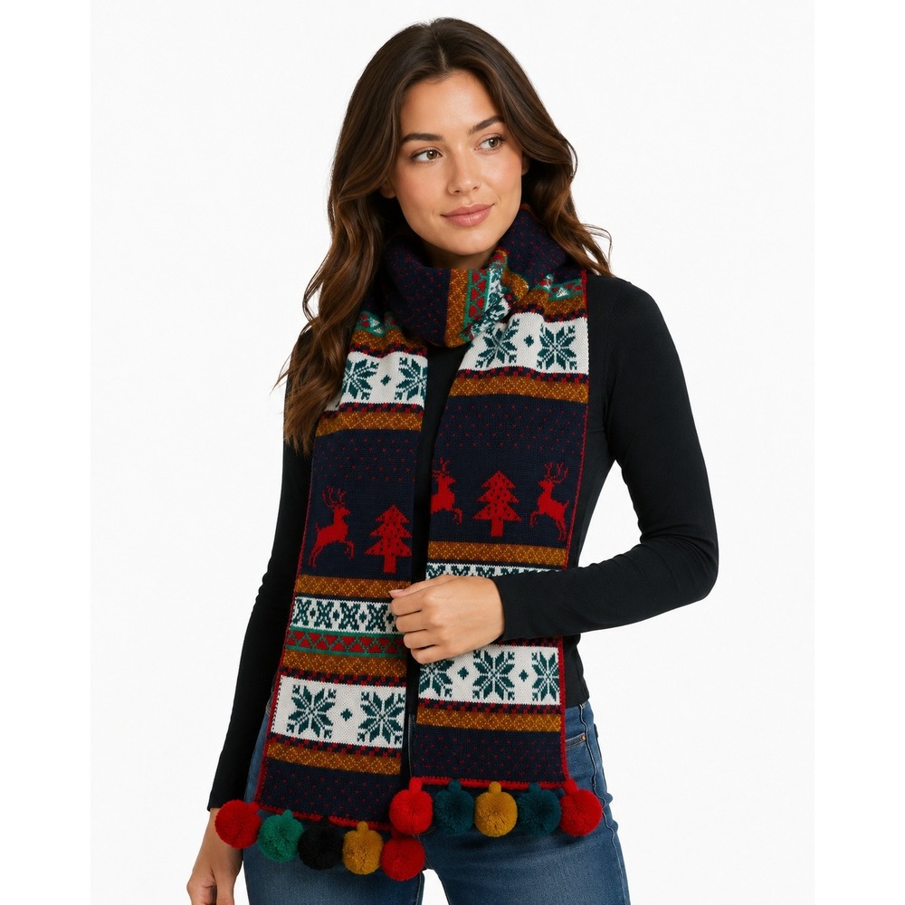 Altar'd State Scarf Fair Isle Reindeer Snowflake Pom Pom Festive Christmas Navy